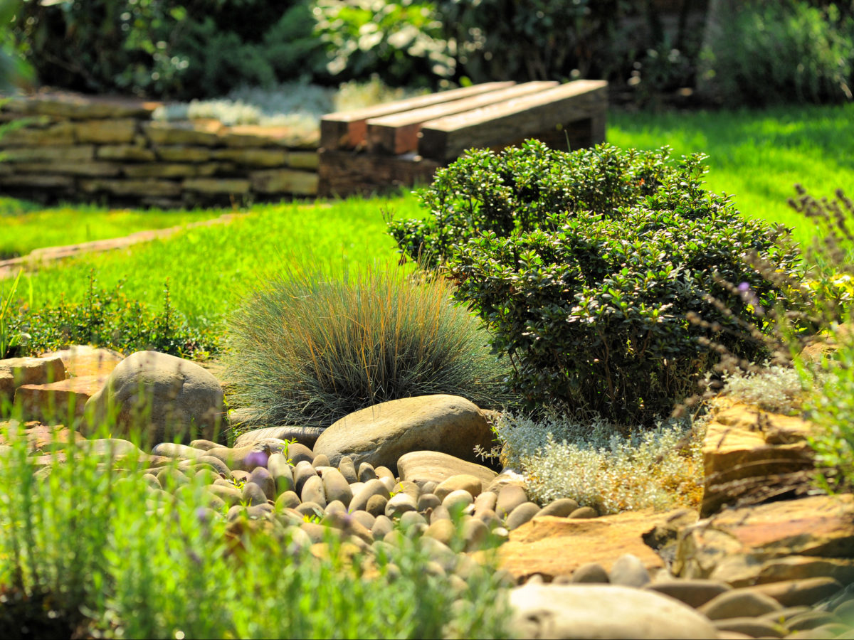 Dry creek bed with tan boulders and cobble stones